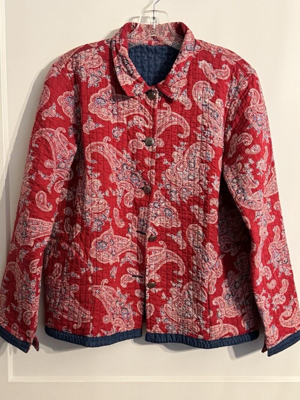 Norm Thompson Jacket Sz M Lightweight Quilted Paisley Red Reversible Grannycore